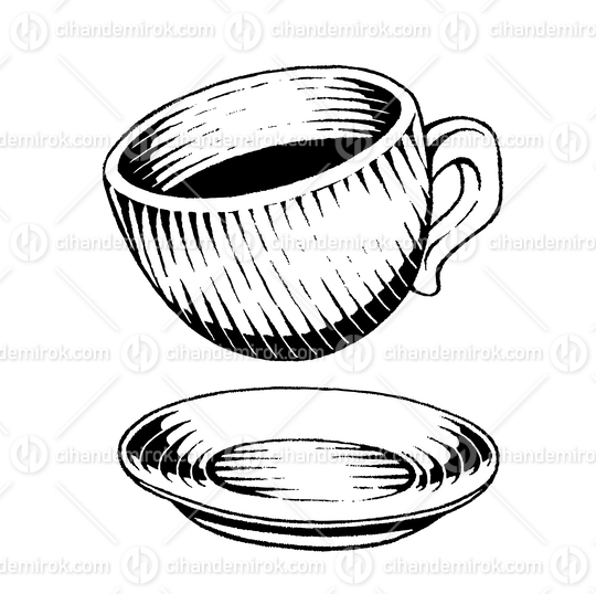 Flying Coffee Cup, Scratchboard Engraved Vector