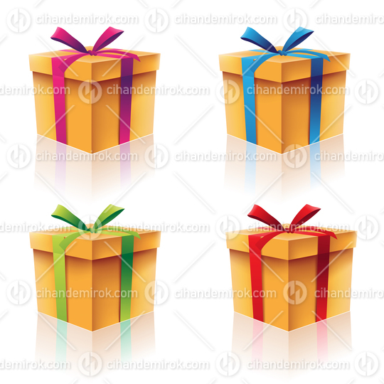 Four Beige Cardboard Gift Boxes with Colorful Ribbons