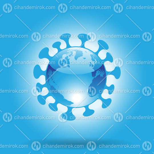 Globe Shaped Blue Glossy Coronavirus Icon on a Blue Background