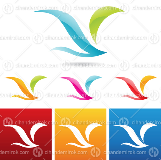 Glossy Abstract Wings and Birds Icons