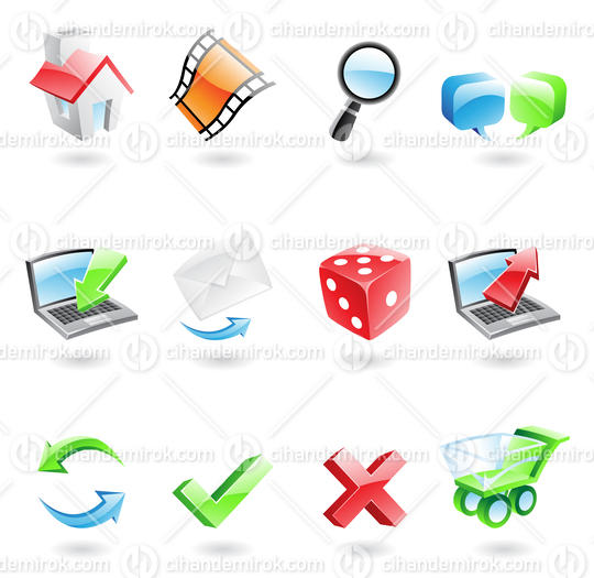 Glossy and Colorful Web Icons of a House, Film Reel, Envelope and Dice