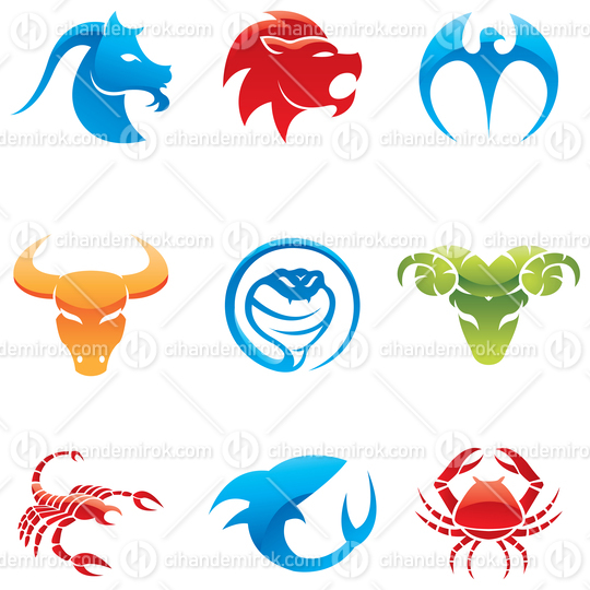 Glossy Colorful Icons of 9 Different Animals