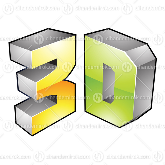 Glossy Green Yellow and Grey 3d Viewing Tech Symbol with Black Outlines 