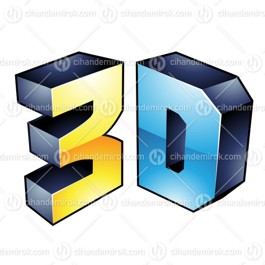 Glossy Yellow and Blue 3d Viewing Tech Symbol with Black Outlines 