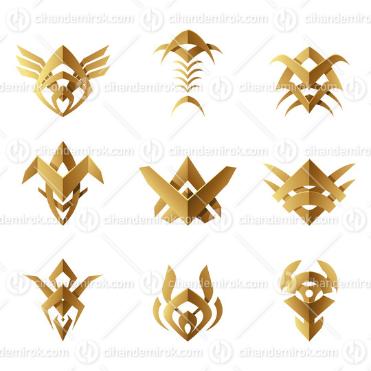 Golden Abstract Tribal Symbols on a White Background
