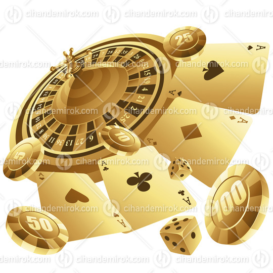 Golden Casino Items on a White Background