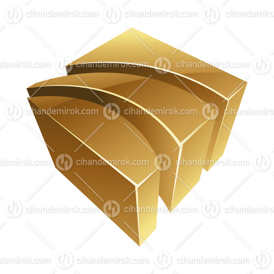 Golden Glossy 3d Striped Shape on a White Background