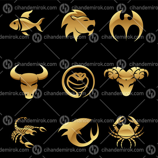 Golden Glossy Animal Icons on a Black Background