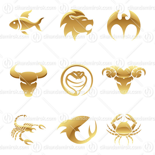 Golden Glossy Animal Icons on a White Background