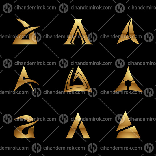 Golden Glossy Letter A Icons on a Black Background
