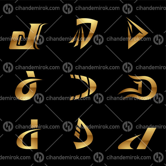Golden Glossy Letter D Icons on a Black Background
