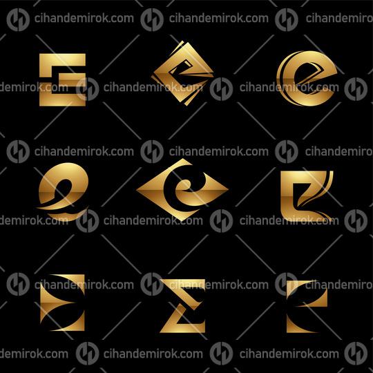 Golden Glossy Letter E Icons on a Black Background