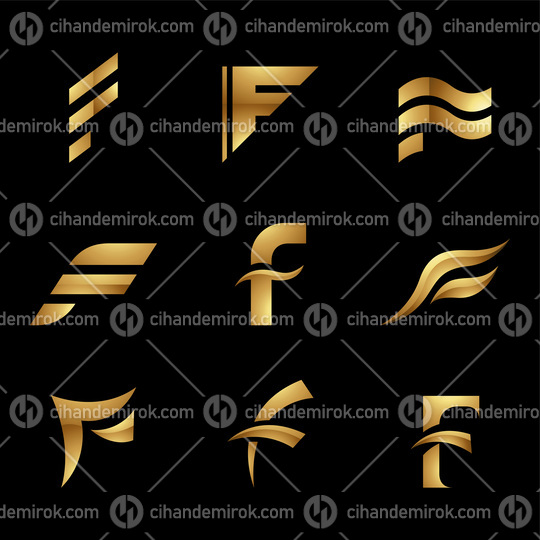 Golden Glossy Letter F Icons on a Black Background