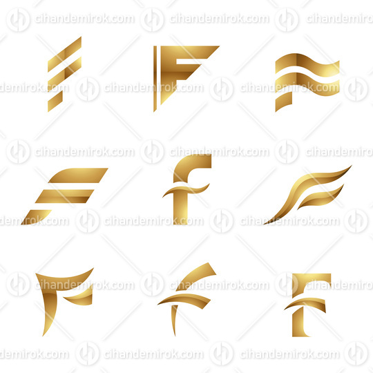Golden Glossy Letter F Icons on a White Background
