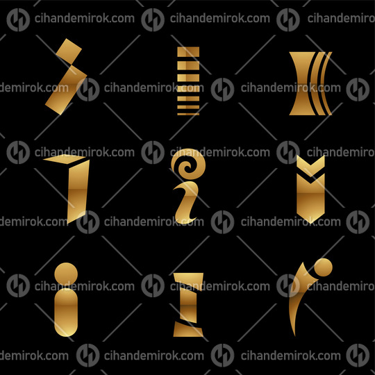 Golden Glossy Letter I Icons on a Black Background