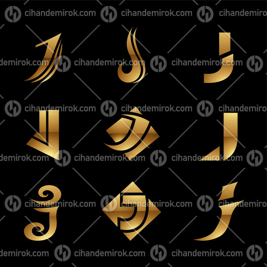 Golden Glossy Letter J Icons on a Black Background
