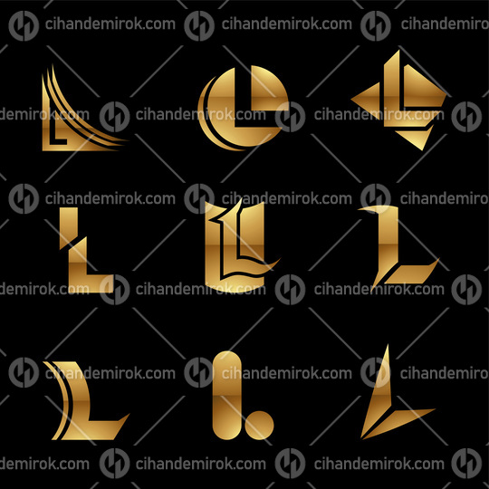 Golden Glossy Letter L Icons on a Black Background