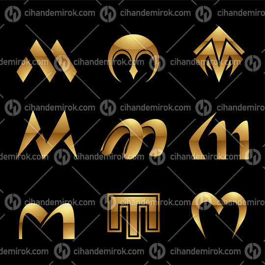 Golden Glossy Letter M Icons on a Black Background