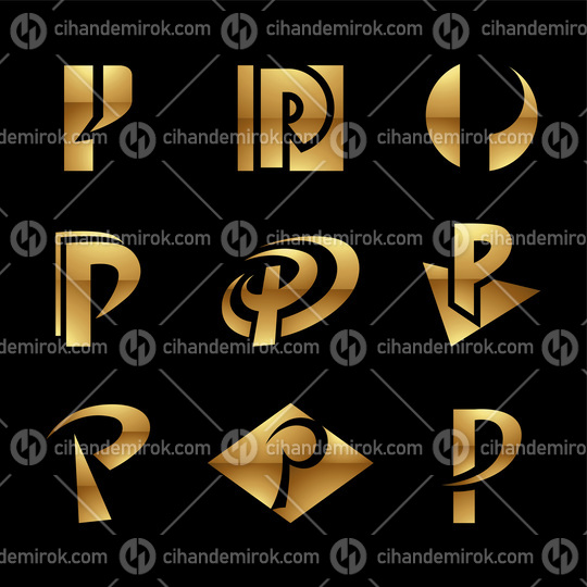 Golden Glossy Letter P Icons on a Black Background