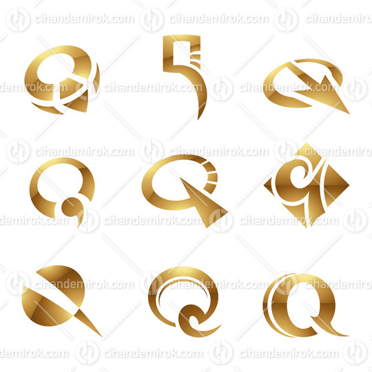 Golden Glossy Letter Q Icons on a White Background
