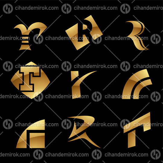 Golden Glossy Letter R Icons on a Black Background