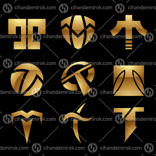 Golden Glossy Letter T Icons on a Black Background