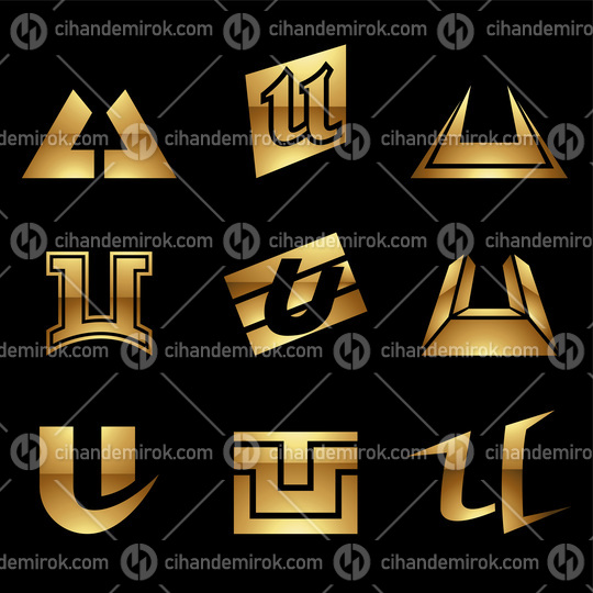 Golden Glossy Letter U Icons on a Black Background