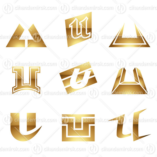 Golden Glossy Letter U Icons on a White Background