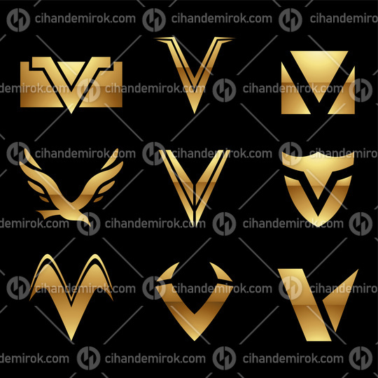 Golden Glossy Letter V Icons on a Black Background