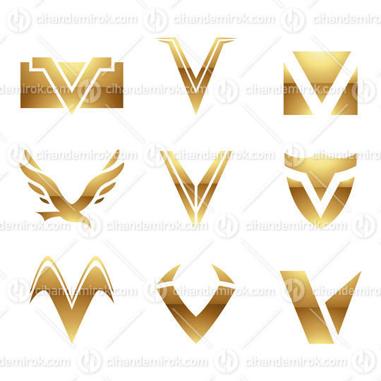Golden Glossy Letter V Icons on a White Background