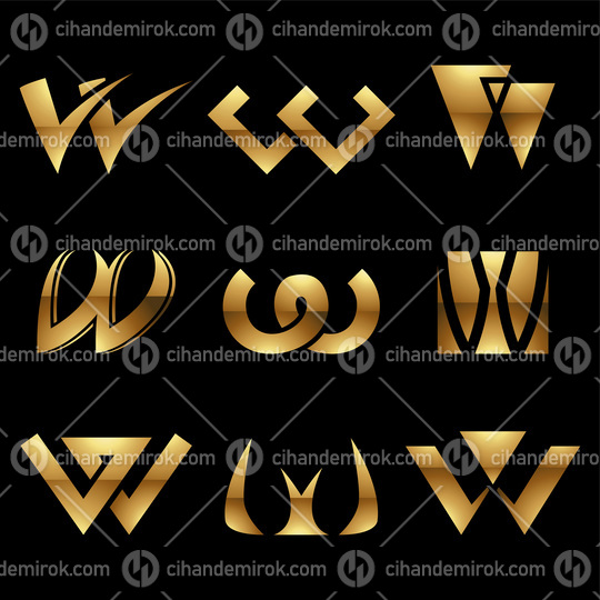 Golden Glossy Letter W Icons on a Black Background