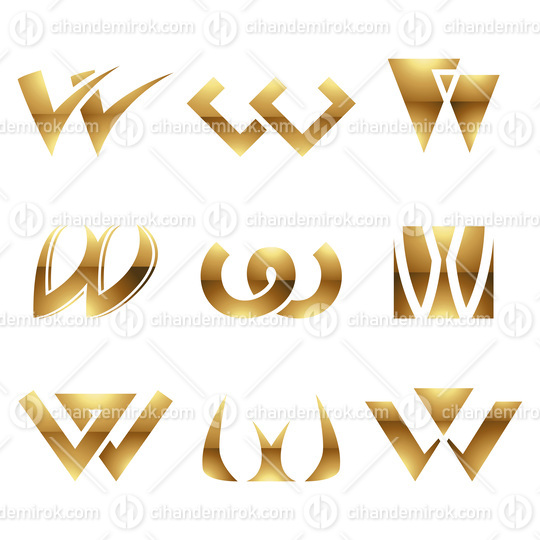 Golden Glossy Letter W Icons on a White Background