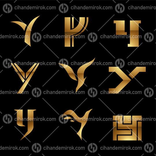 Golden Glossy Letter Y Icons on a Black Background