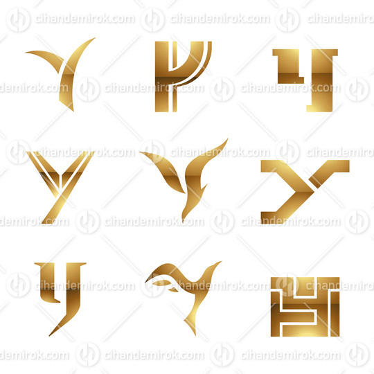 Golden Glossy Letter Y Icons on a White Background