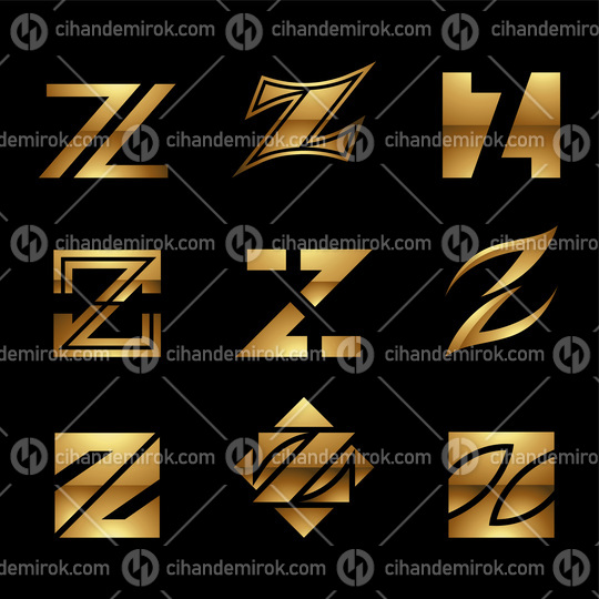 Golden Glossy Letter Z Icons on a Black Background
