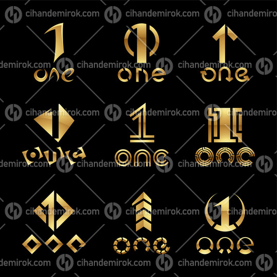 Golden Glossy Number 1 Icons on a Black Background
