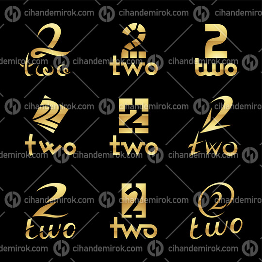 Golden Glossy Number 2 Icons on a Black Background