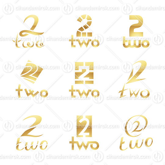 Golden Glossy Number 2 Icons on a White Background