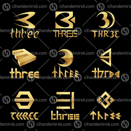 Golden Glossy Number 3 Icons on a Black Background