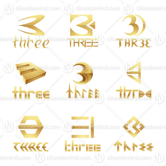 Golden Glossy Number 3 Icons on a White Background