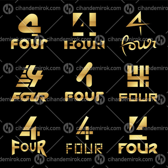 Golden Glossy Number 4 Icons on a Black Background