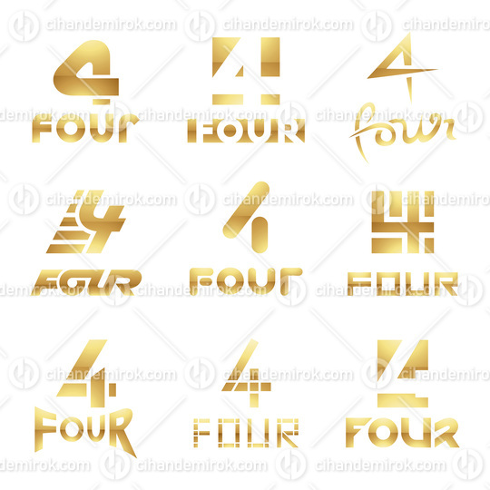 Golden Glossy Number 4 Icons on a White Background