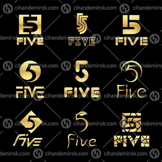Golden Glossy Number 5 Icons on a Black Background