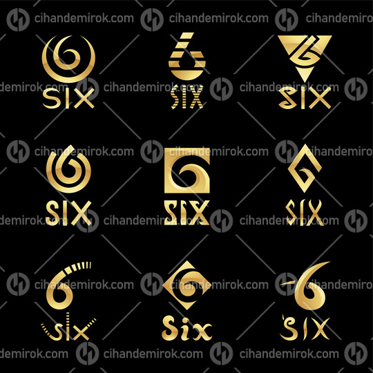 Golden Glossy Number 6 Icons on a Black Background