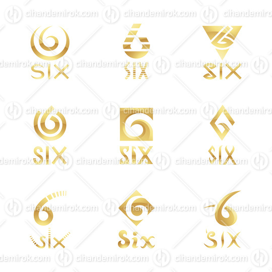 Golden Glossy Number 6 Icons on a White Background