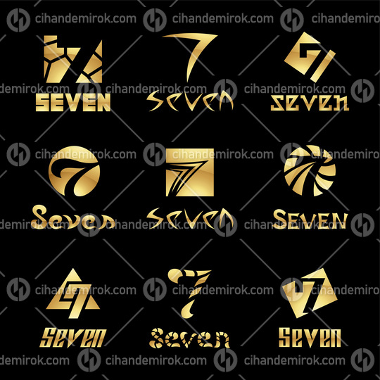 Golden Glossy Number 7 Icons on a Black Background