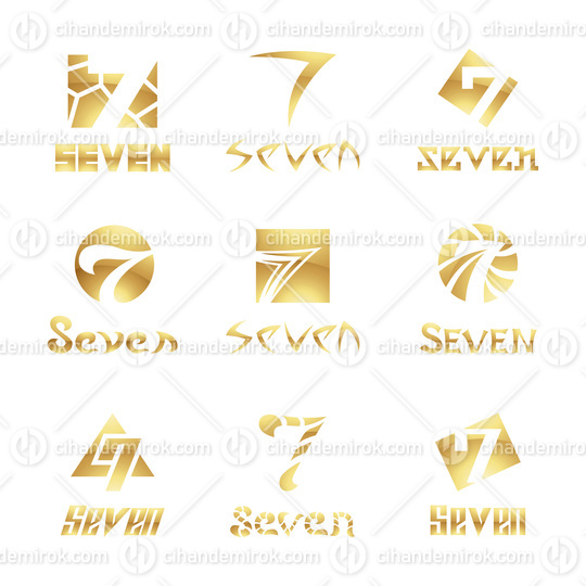 Golden Glossy Number 7 Icons on a White Background