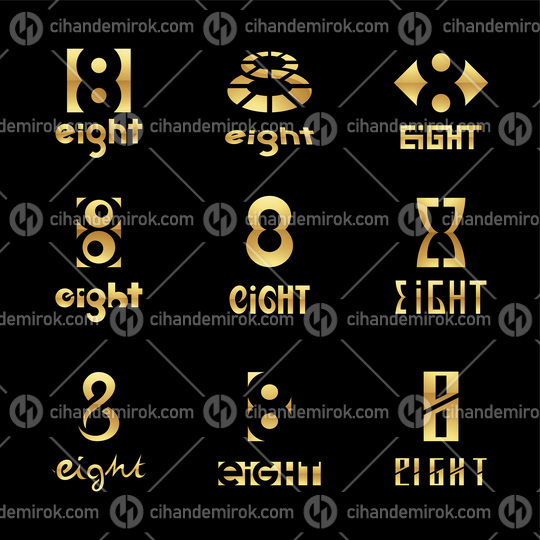 Golden Glossy Number 8 Icons on a Black Background