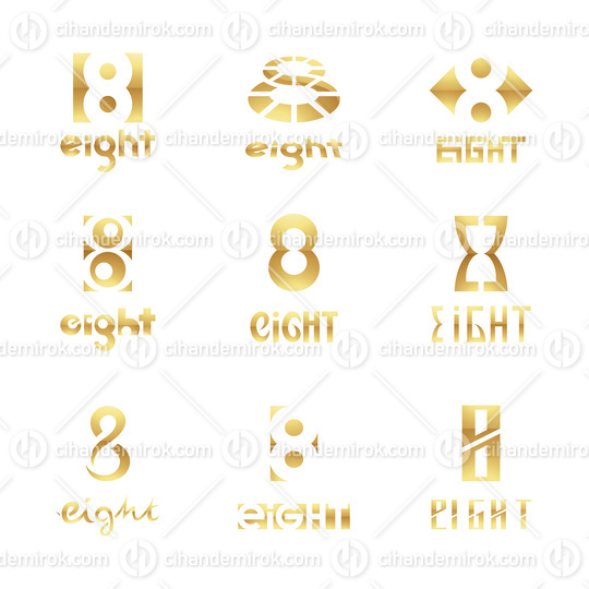 Golden Glossy Number 8 Icons on a White Background