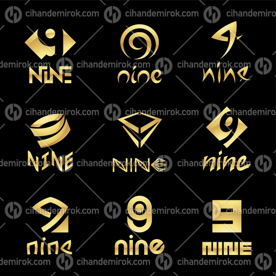 Golden Glossy Number 9 Icons on a Black Background